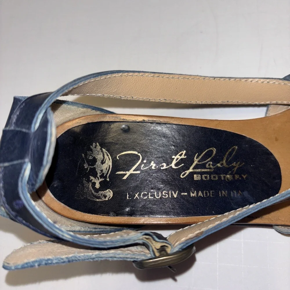 FIRST LADY BOOTERY Vintage Navy Leather Wedge Sandals Slingbacks Italy Sz 38